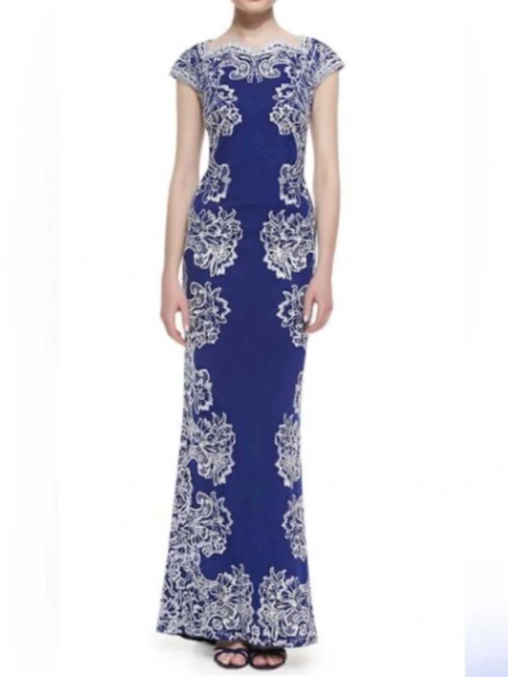 Tadashi Shoji Royal Blue White Embroidered Lace Appliqué Maxi Evening Gown Sz S